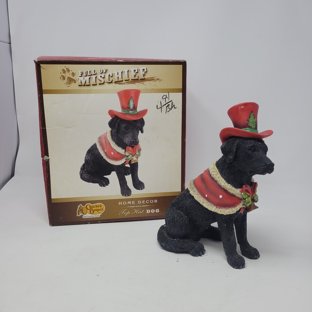 Cracker Barrel‎ Full of Mischief Black Lab Top Hat Dog Christmas Figurine Boxed